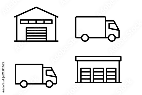 Delivery vehicles and warehouses depicted in simple line drawings showing logistics and storage solutions