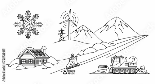 Clean energy in mountain landscape with wind turbine, snowplow, house with solar panels. Clean energy setup for future concept, promoting sustainable environment with efficient technologies.