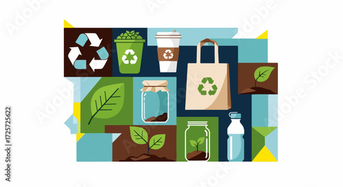 Composed environmental conservation concept featuring reusable items, plants, and recycle symbol on colorful tiles. Environmental conservation is vital in modern times,