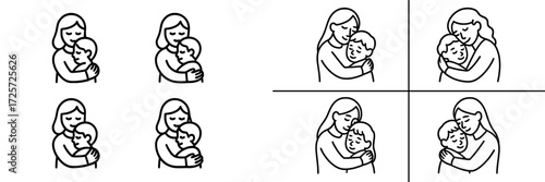 Mother and child sharing loving hugs in a simple and warm graphic representation of affection