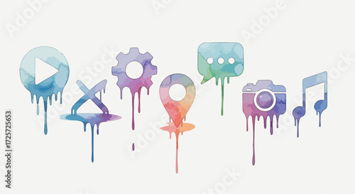 Watercolor icons in various shapes, painted in vivid color scheme. Watercolor icons feature play button, gear, location pin, chat bubble, camera, and music note shapes.