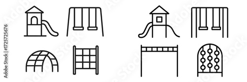 Various playground equipment icons showcasing slides, swings, and climbing structures for children fun and activity