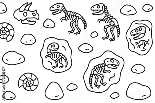 Dinosaur skeletons and fossils scattered across a rocky surface in a playful illustration scene