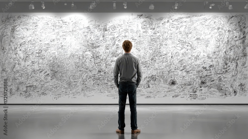 Fototapeta premium Young man stands in front of an intricate black and white mural filled with abstract doodles and sketches, contemplating the artistic expression in a modern gallery space
