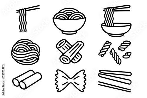 Different types of noodles and pasta displayed in simple black line art