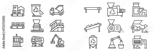 Machinery and equipment used in recycling processes illustrated in clear line art style