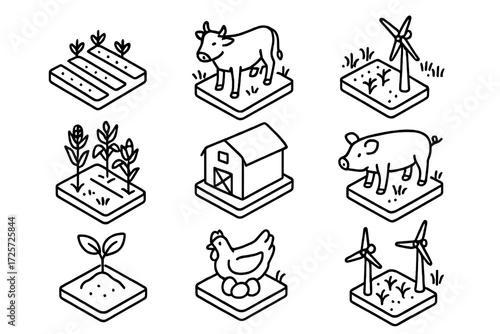 Farm layout with animals, crops, and renewable energy sources drawn in simple outlines
