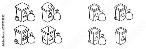Recycling bins and trash bags in various arrangements illustrating waste management concepts and environmental awareness