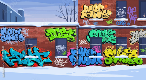 Graffiti art covers brick building in winter, graffiti art displayed in urban landscape with vibrant colors, adding character to city. Graffiti art in wintry setting,