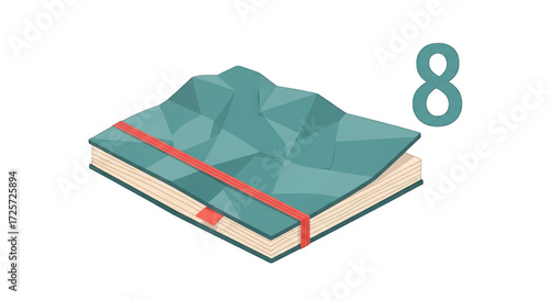 Isometric Book with Mountain-Shaped Cover and Red Band.