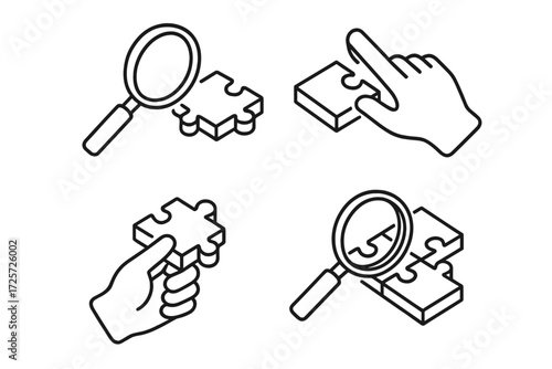 Puzzle assembly process with hand and magnifying glass showing various steps of fitting pieces together