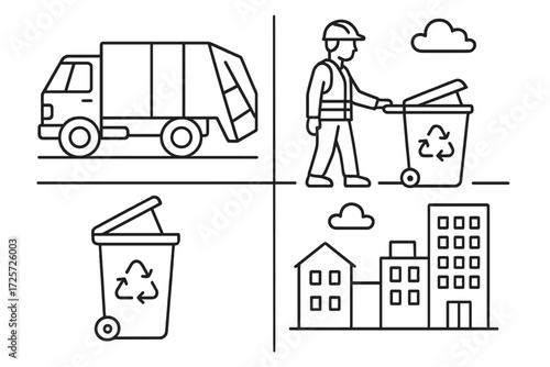 Waste management process in a city showing a garbage truck, recycling bins, and workers collecting trash