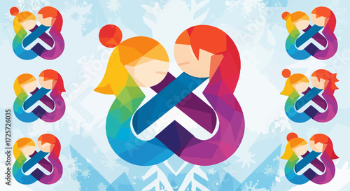 Embracing couple art, an illustration of two figures entwined in a hug, symbolizes love and connection. This embracing couple art with rainbow gradient represents diversity and inclusion,