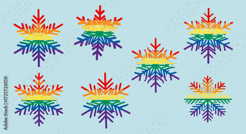 Gay pride snowflakes on light blue, celebrating LGBTQ+ community with a rainbow of colorful snowflakes. Gay pride design features festive snowflakes, each with a vibrant color spectrum,