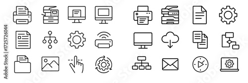 Collection of simple line icons representing various office tasks and equipment for digital workflows