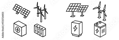 Renewable energy icons showcasing solar panels and wind turbines in a clear and simple design