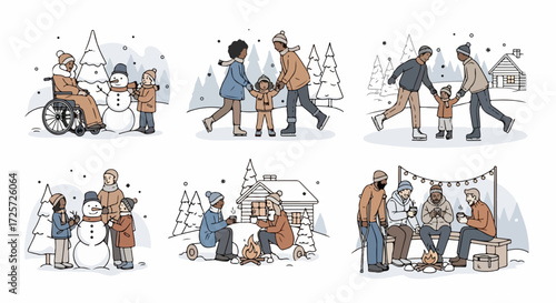 Winter scenes collection shows a snowy outdoor setting of families enjoying winter scenes, including making snowman.