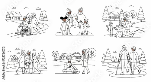 Winter activities in black and white show people enjoying winter season with sledding and snow games, families walking and enjoying outdoors. Winter activities show community togetherness,