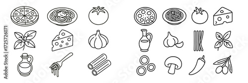 Illustration of various food items including pizza, pasta, and vegetables in a geometric design