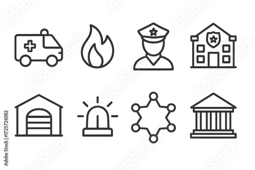 Emergency services icons illustrating police, fire, ambulance, and government building symbols in a simple design
