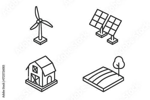 Illustrations of renewable energy sources with wind turbine, solar panels, farm, and barn scene