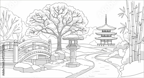 Black and white Japanese garden sketch with stone lantern, bamboo trees, and temple. Japanese garden panorama for coloring book pages or zen landscape illustration.