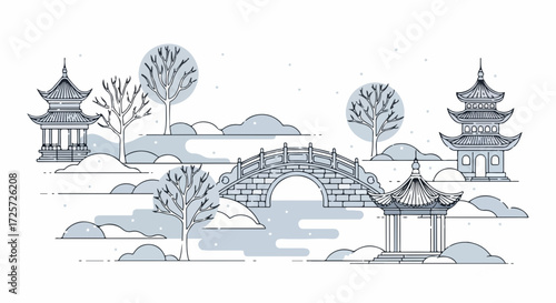 China illustration depicts traditional architecture with pagodas, a bridge, and wintry trees in muted blue tones. China illustration showcases tranquil scenery and cultural elements,