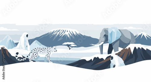 Winter landscape showing elephant, leopard, and mount kilimanjaro, a winter landscape scene evoking snowy plains and ice.