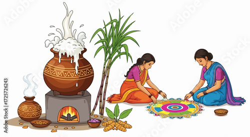 Celebrating Pongal festival with pot and women making rangoli. Pongal festival tradition is illustrated with traditional decorations, offering prayers, and preparing pongal dish in earthen pot,