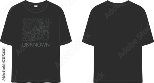Black oversized t-shirt fashion flat sketch with graphic print, casual streetwear design, unisex apparel illustration, stylish garment technical drawing template