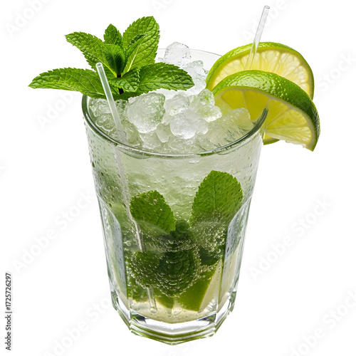Refreshing mojito cocktail with mint leaves, lime slices, and crushed ice drink beverage