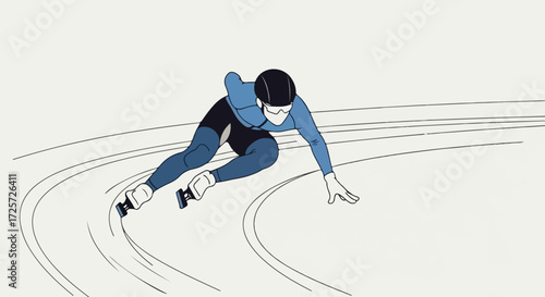 Speed skater skating at full speed, focused and determined on ice. Speed skater figure shows athletic stance and dynamic movement, capturing physical exertion on ice surface.