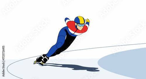 Short track speed skating competitor gliding around turn on ice rink. Short track speed skating is a winter Olympic sport demanding speed and agility,