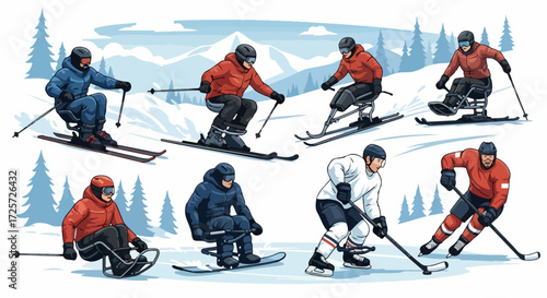 Winter sports with skiers and an ice hockey player on snow, showing different ways to have fun. Winter sports include skiing, ski mountaineering, and ice hockey, bringing joy and movement.