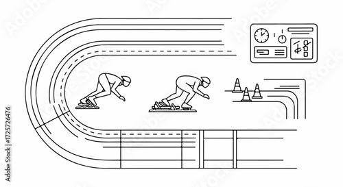 Track and field line art presenting athletes in starting positions. Field track outline showcases racing participants and timekeeping technology, ideal for illustrating track and field sports.