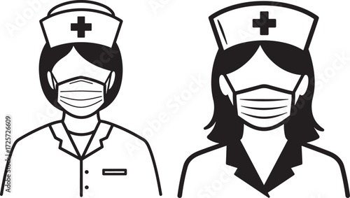 Two medical professionals in uniform and masks silhouette