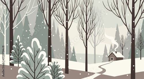 Snowy winter landscape shows bare trees and evergreen trees with falling snow, a remote cabin with smoke rising, and snowy winter landscape leading to dwelling.