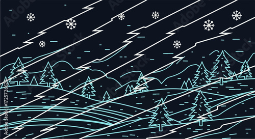 Winter landscape illustration with snow and pine trees in minimal style. Winter landscape showcases snowy hills and stylized fir trees under falling snow.
