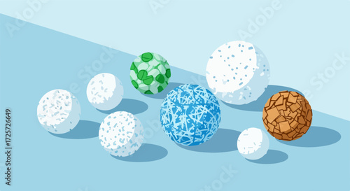 Decorative balls on blue background, group of spheres used in interior design and holiday ornaments. Variety of colorful spheres adds aesthetic touch, can be used as decorative balls or ornaments.