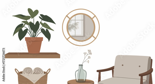 Minimalist interior scene with potted plant featuring anthurium, basket with rolled towels, and accent chair. Home minimalist interior, capturing calmness and simplicity, offers neutral colors.