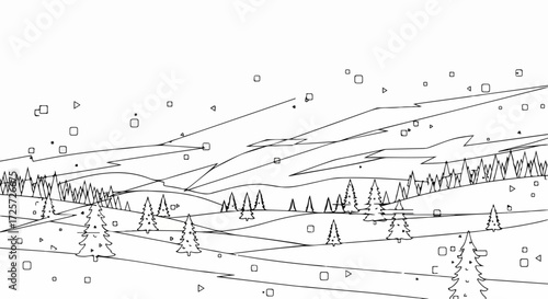 Minimalist winter landscape showing snowy hills and coniferous trees with delicate line art. Winter landscape scene evokes tranquility with snow covered fields and sparse trees.