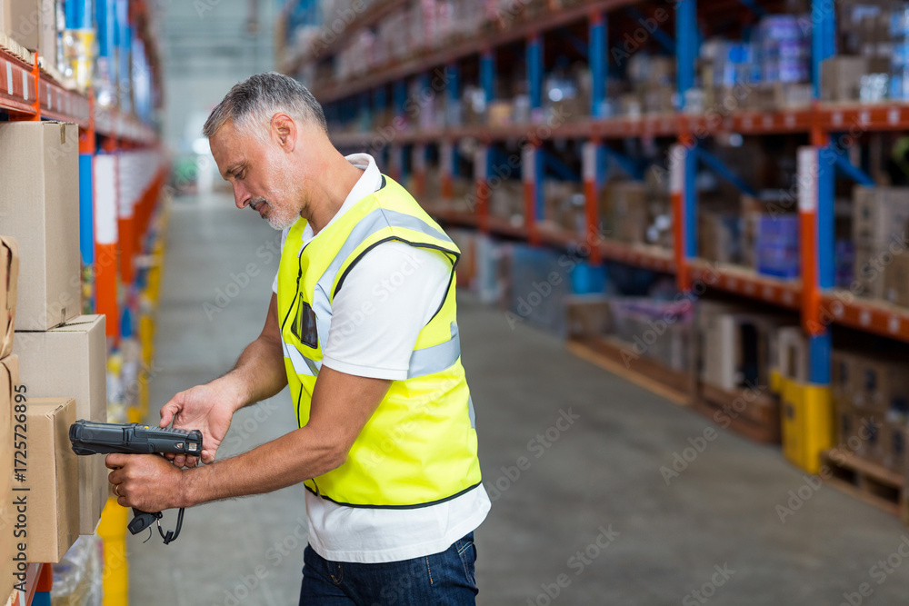 Fototapeta premium Handheld barcode scanner scanning cardboard box on tall metal shelving units in warehouse aisle