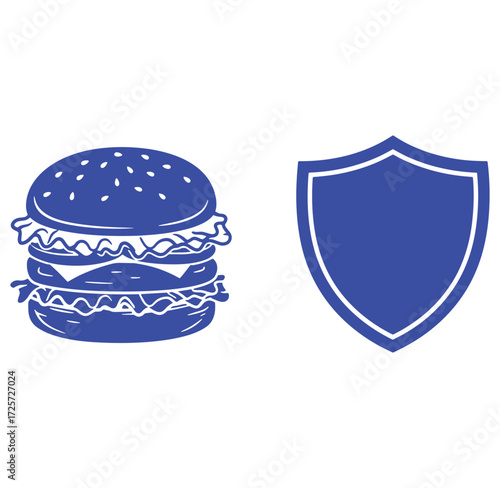 Vector illustration featuring a delicious hamburger and shield icon design element
