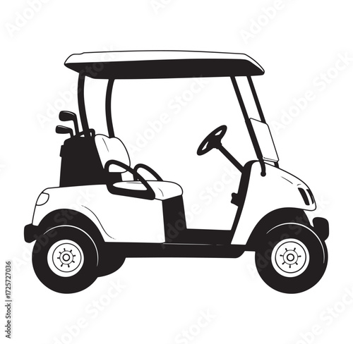 Black and white golf cart illustration representing transportation on a golf course or resort