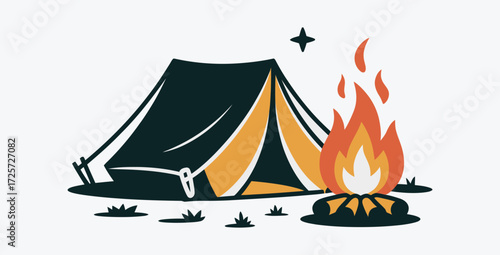 Camping adventure illustration with tent campfire and star design graphic