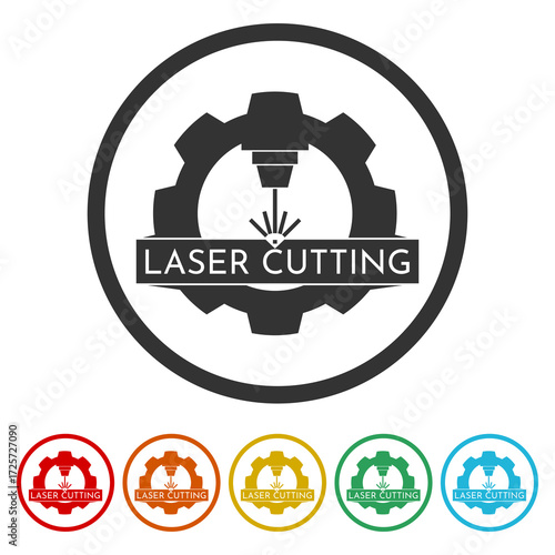 Laser cutting logo. Set icons in color circle buttons