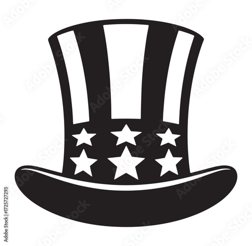 Black and white illustration of a patriotic uncle sam top hat with stars and stripes