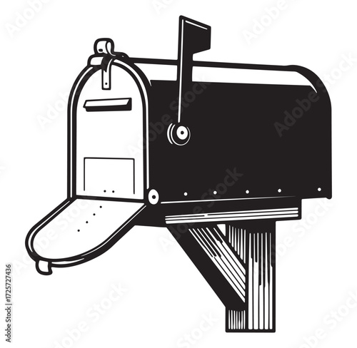 Black and white illustration of a vintage open mailbox on wooden post with raised flag