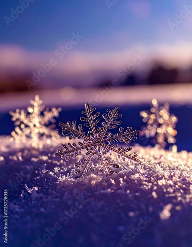 View of snowflakes resembling glass artwork, transparent, lighting, on a blurred snowy meadow, surreal and abstract winter illustration.