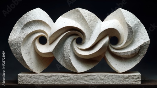A sculpted stone piece depicts intertwined, dynamic spirals, showcasing a light beige hue and intricate texture.